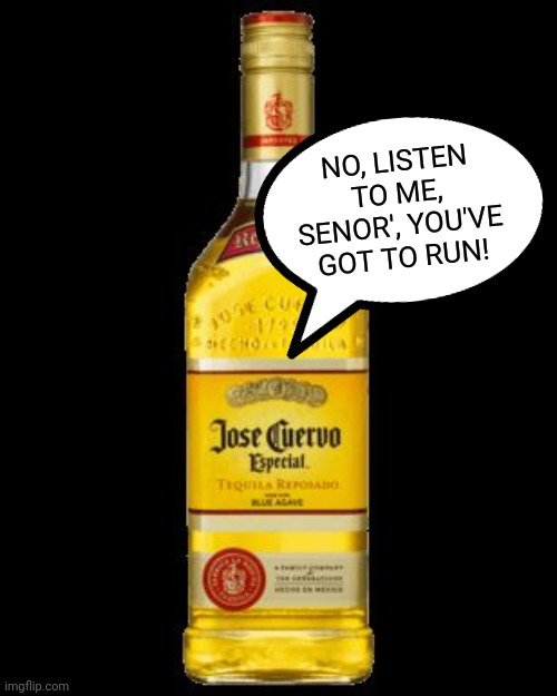 Tequila bottle | NO, LISTEN TO ME, SENOR', YOU'VE GOT TO RUN! | image tagged in tequila bottle | made w/ Imgflip meme maker