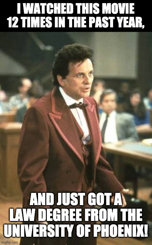 Vinny | I WATCHED THIS MOVIE 12 TIMES IN THE PAST YEAR, AND JUST GOT A LAW DEGREE FROM THE UNIVERSITY OF PHOENIX! | image tagged in my cousin vinny | made w/ Imgflip meme maker