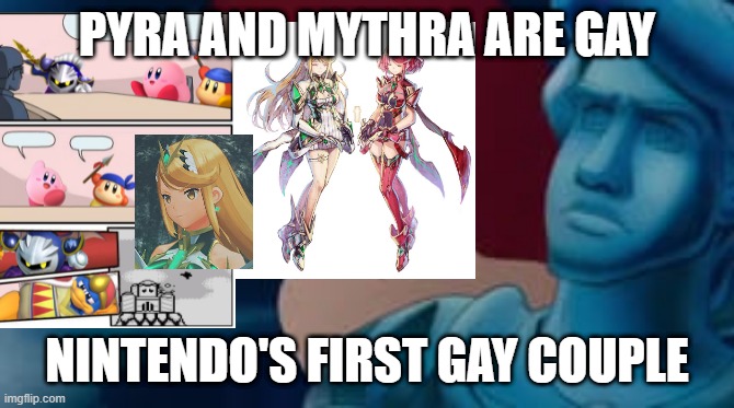 gay nintendo | PYRA AND MYTHRA ARE GAY; NINTENDO'S FIRST GAY COUPLE | image tagged in ariel,gay pride,gay marriage,gay,nintendo | made w/ Imgflip meme maker