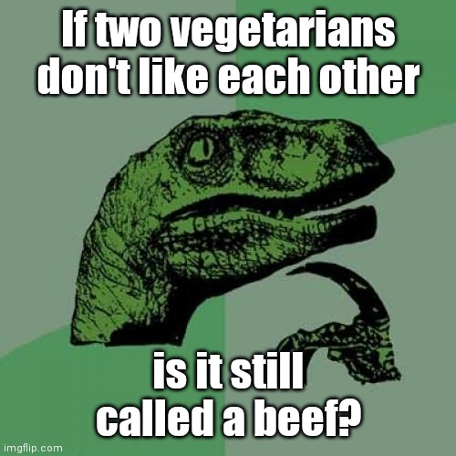 Maybe not. | If two vegetarians don't like each other; is it still called a beef? | image tagged in memes,philosoraptor,funny | made w/ Imgflip meme maker