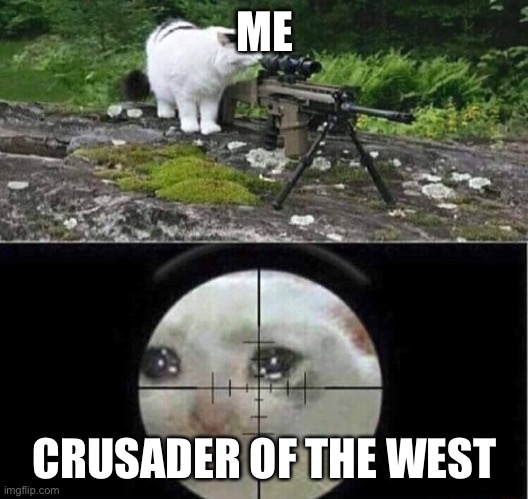 Since crusader of the west attempted to assassinate people he has been sniped by me | ME; CRUSADER OF THE WEST | image tagged in sniper cat,counter strike,assassination chain,murder,crusader,west | made w/ Imgflip meme maker