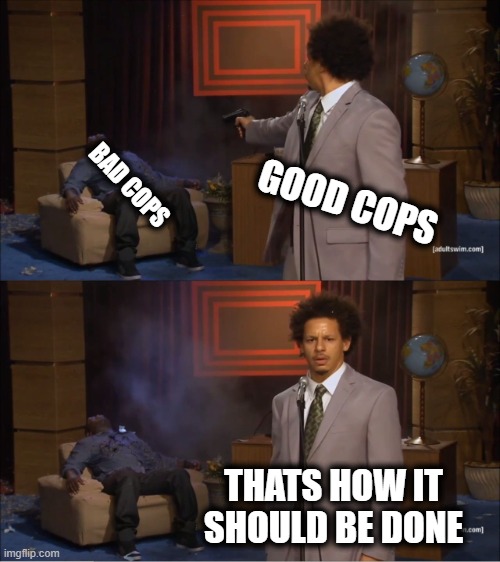 The biggest threat to good cops, are bad cops. | GOOD COPS; BAD COPS; THATS HOW IT SHOULD BE DONE | image tagged in memes,who killed hannibal,police brutality,justice,politics | made w/ Imgflip meme maker
