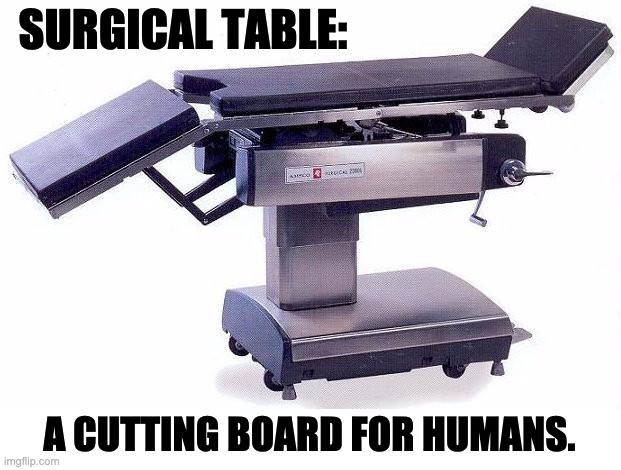 Surgical table | SURGICAL TABLE:; A CUTTING BOARD FOR HUMANS. | image tagged in bad pun | made w/ Imgflip meme maker