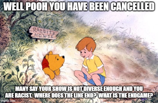 Pooh Bear stuck in Rabbit's House | WELL POOH YOU HAVE BEEN CANCELLED; MANY SAY YOUR SHOW IS NOT DIVERSE ENOUGH AND YOU ARE RACIST.  WHERE DOES THE LINE END?  WHAT IS THE ENDGAME? | image tagged in pooh bear stuck in rabbit's house | made w/ Imgflip meme maker
