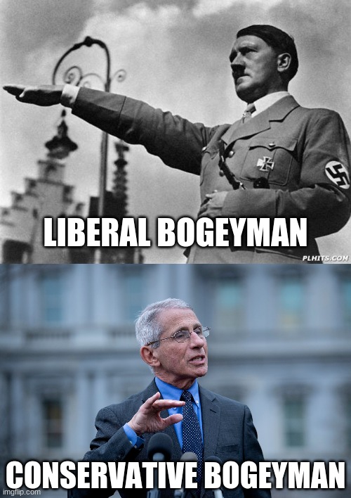 When you're such a special snowflake you're afraid of needles... | LIBERAL BOGEYMAN; CONSERVATIVE BOGEYMAN | image tagged in hitler,fauci | made w/ Imgflip meme maker