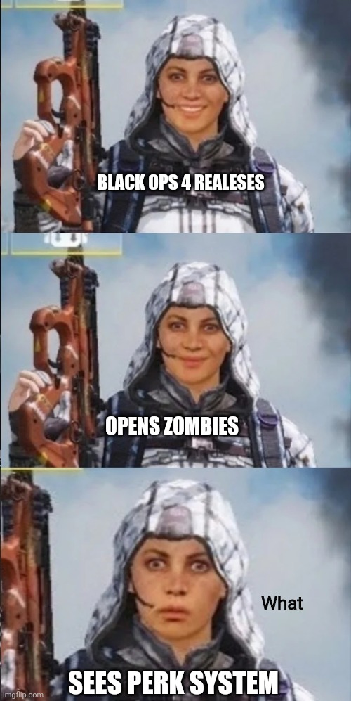Outrider What | BLACK OPS 4 REALESES; OPENS ZOMBIES; What; SEES PERK SYSTEM | image tagged in outrider what | made w/ Imgflip meme maker