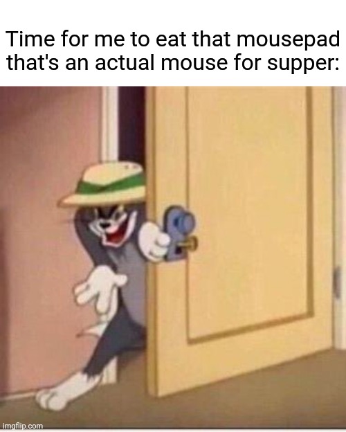 Cat having mousepad for supper | Time for me to eat that mousepad that's an actual mouse for supper: | image tagged in sneaky tom,memes,comment,comments,comment section,mouse | made w/ Imgflip meme maker