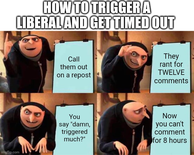 Gru's Plan | HOW TO TRIGGER A LIBERAL AND GET TIMED OUT; Call them out on a repost; They rant for TWELVE comments; Now you can't comment for 8 hours; You say "damn, triggered much?" | image tagged in memes,gru's plan | made w/ Imgflip meme maker