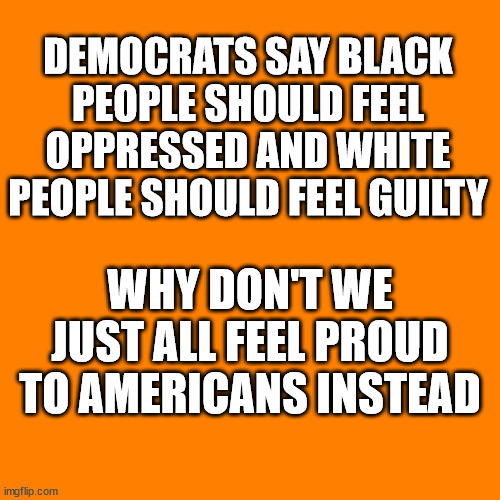 Orange square  | DEMOCRATS SAY BLACK PEOPLE SHOULD FEEL OPPRESSED AND WHITE PEOPLE SHOULD FEEL GUILTY; WHY DON'T WE JUST ALL FEEL PROUD TO AMERICANS INSTEAD | image tagged in orange square,proud to be american | made w/ Imgflip meme maker