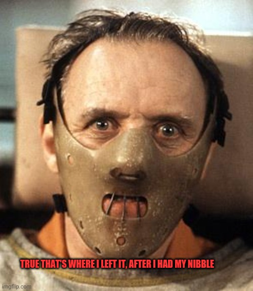 Hannibal Lecter | TRUE THAT'S WHERE I LEFT IT, AFTER I HAD MY NIBBLE | image tagged in hannibal lecter | made w/ Imgflip meme maker