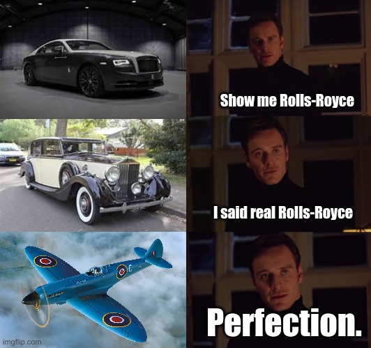 WW2 stuff I forgot the name part 2 | Show me Rolls-Royce; I said real Rolls-Royce; Perfection. | image tagged in perfection,ww2,spitfire,idk | made w/ Imgflip meme maker