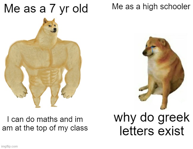 Buff Doge vs. Cheems | Me as a 7 yr old; Me as a high schooler; I can do maths and im am at the top of my class; why do greek letters exist | image tagged in memes,buff doge vs cheems | made w/ Imgflip meme maker