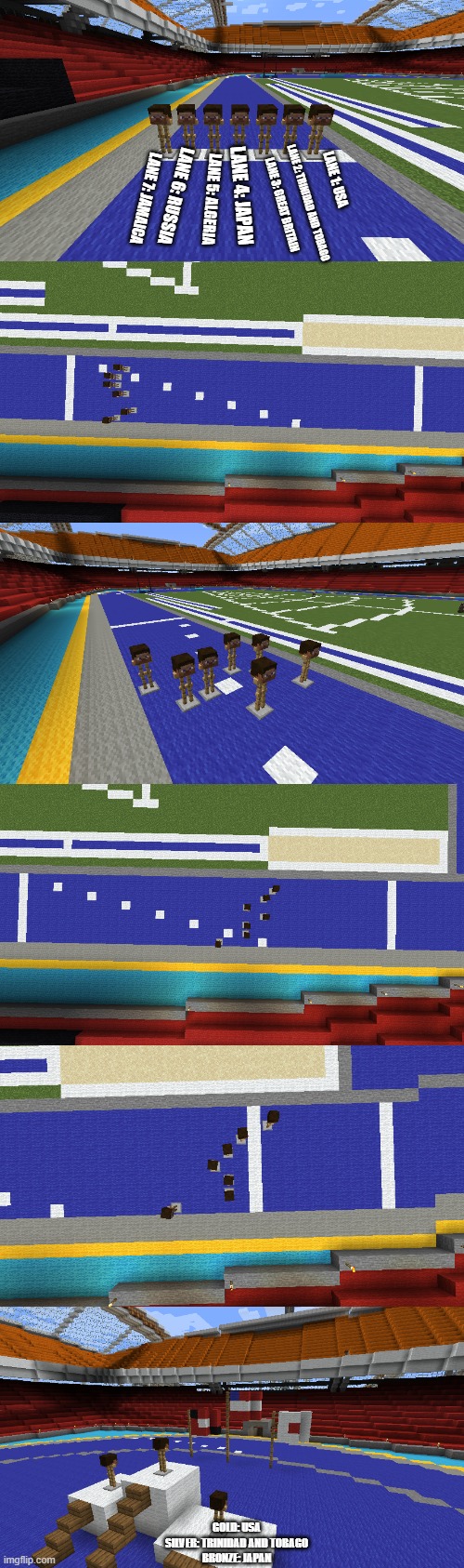 Sorry it took so long | LANE 1: USA; LANE 6: RUSSIA; LANE 4: JAPAN; LANE 2: TRINIDAD AND TOBAGO; LANE 7: JAMAICA; LANE 5: ALGERIA; LANE 3: GREAT BRITAIN; GOLD: USA
SILVER: TRINIDAD AND TOBAGO
BRONZE: JAPAN | made w/ Imgflip meme maker
