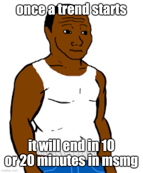 carl johnson | once a trend starts; it will end in 10 or 20 minutes in msmg | image tagged in carl johnson | made w/ Imgflip meme maker