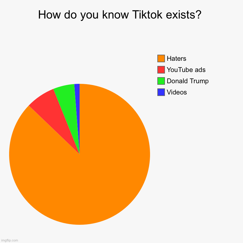 Tiktok Chart Meme | How do you know Tiktok exists? | Videos , Donald Trump, YouTube ads, Haters | image tagged in charts,pie charts,memes,so true memes,tiktok,imgflip | made w/ Imgflip chart maker