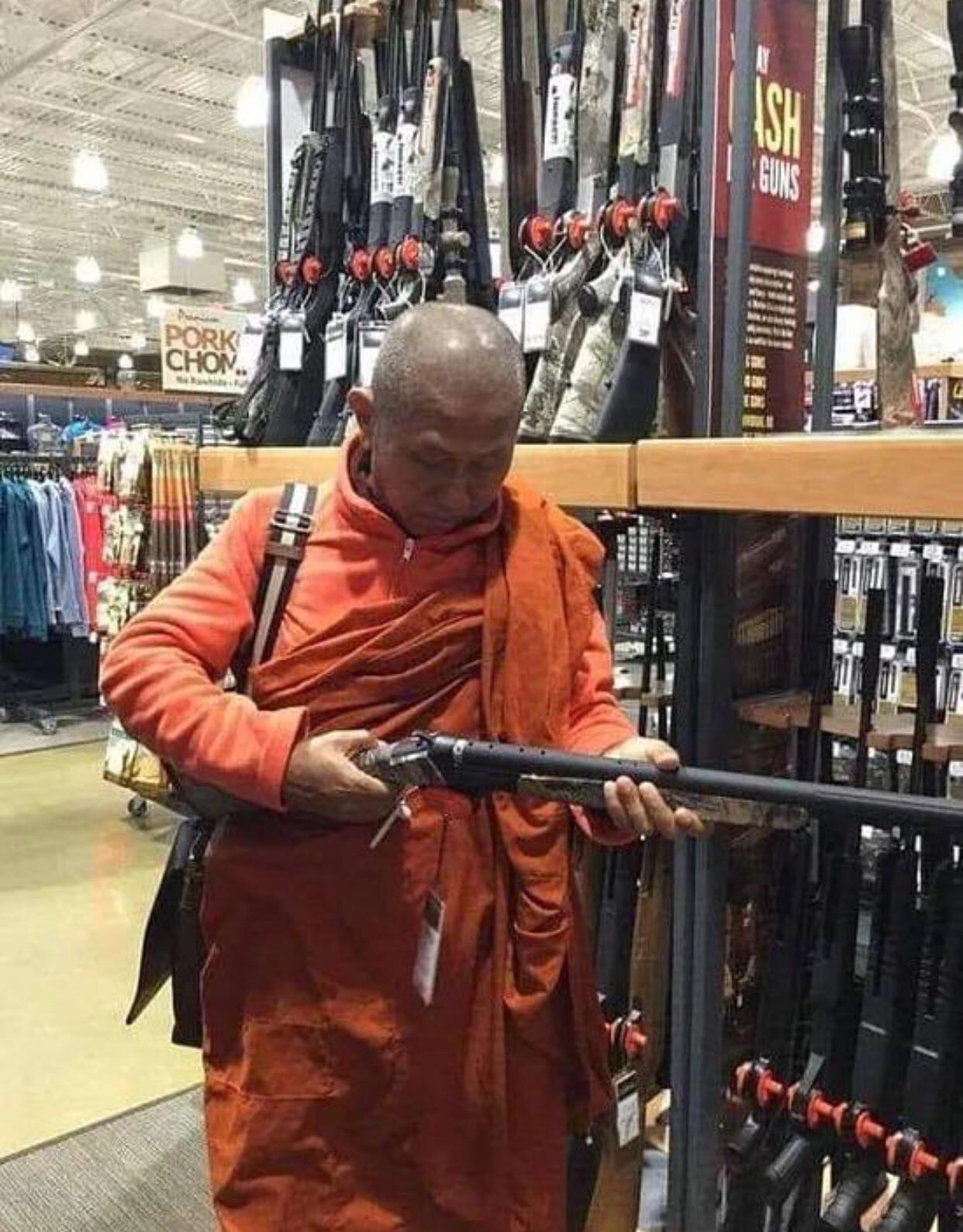 High Quality Buddhist priest with barrel gun Blank Meme Template