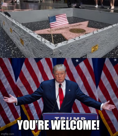 We built the wall! |  YOU’RE WELCOME! | image tagged in donald trump,memes,trump wall,funny,funny vandalism,dank memes | made w/ Imgflip meme maker