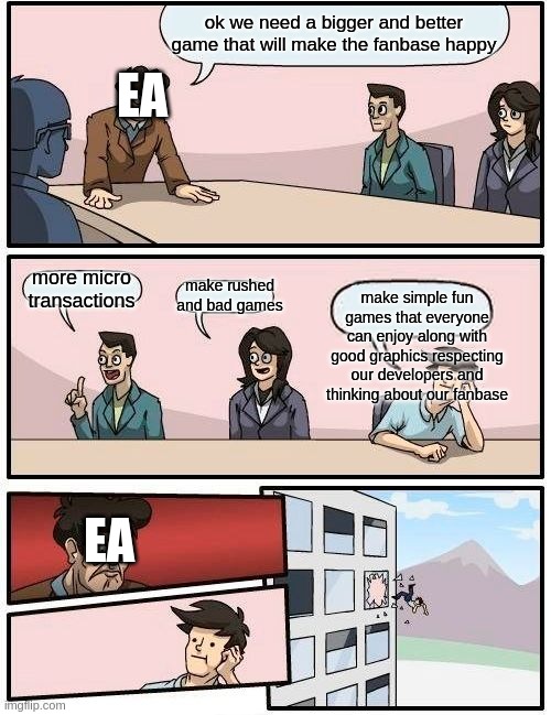 EA | ok we need a bigger and better game that will make the fanbase happy; EA; more micro transactions; make simple fun games that everyone can enjoy along with good graphics respecting our developers and thinking about our fanbase; make rushed and bad games; EA | image tagged in memes,boardroom meeting suggestion | made w/ Imgflip meme maker