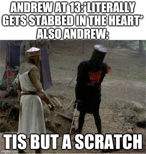 tis but a scratch | ANDREW AT 13:*LITERALLY GETS STABBED IN THE HEART*
ALSO ANDREW: | image tagged in tis but a scratch | made w/ Imgflip meme maker