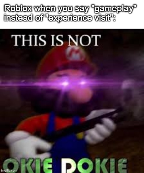 I hope they don't find out I say "in-game purchases" instead of "gamepasses." | Roblox when you say "gameplay" instead of "experience visit": | image tagged in this is not okie dokie | made w/ Imgflip meme maker
