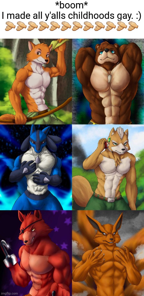 All art from Chibikoma | *boom*
I made all y'alls childhoods gay. :)
👏👏👏👏👏👏👏👏👏👏👏👏 | image tagged in robin hood,banjo,lucario,star fox,foxy,kurama | made w/ Imgflip meme maker