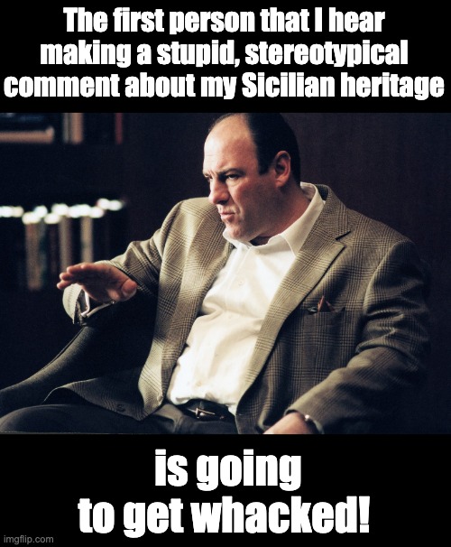 A Sicilian Dad joke from a Sicilian Dad. | The first person that I hear making a stupid, stereotypical comment about my Sicilian heritage; is going to get whacked! | image tagged in tony soprano | made w/ Imgflip meme maker