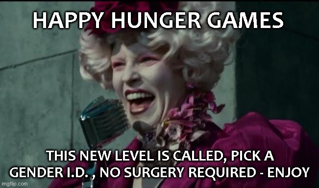 Surreal is the New Real | HAPPY HUNGER GAMES; THIS NEW LEVEL IS CALLED, PICK A GENDER I.D. , NO SURGERY REQUIRED - ENJOY | image tagged in happy hunger games,male,twitter,bitches,male whores,aint nobody got time for that | made w/ Imgflip meme maker