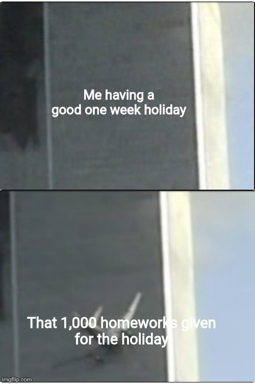 Enjoying holiday? Can't. | Me having a
good one week holiday; That 1,000 homeworks given
for the holiday | image tagged in memes,blank comic panel 1x2,school meme | made w/ Imgflip meme maker