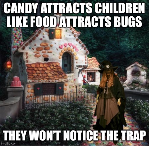 This is true | CANDY ATTRACTS CHILDREN
LIKE FOOD ATTRACTS BUGS; THEY WON’T NOTICE THE TRAP | image tagged in gingerbread hag,dark humor,children,hansel and gretel,candy,bugs | made w/ Imgflip meme maker