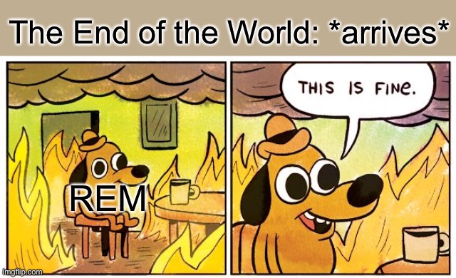 This Is Fine | The End of the World: *arrives*; REM | image tagged in memes,this is fine,rem,end of the world,song lyrics,puns | made w/ Imgflip meme maker