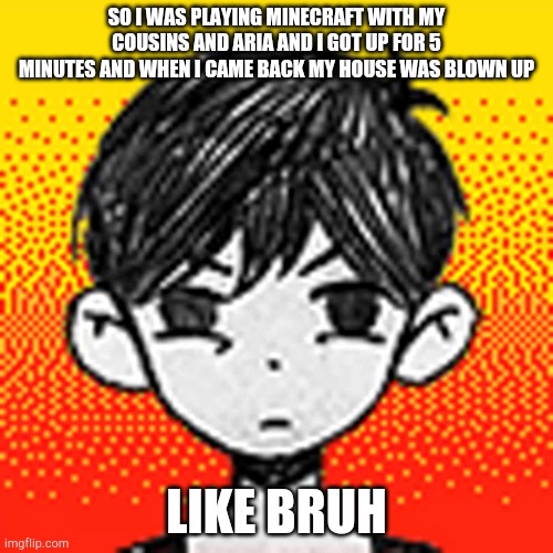 Angy Omori | SO I WAS PLAYING MINECRAFT WITH MY COUSINS AND ARIA AND I GOT UP FOR 5 MINUTES AND WHEN I CAME BACK MY HOUSE WAS BLOWN UP; LIKE BRUH | image tagged in angy omori | made w/ Imgflip meme maker