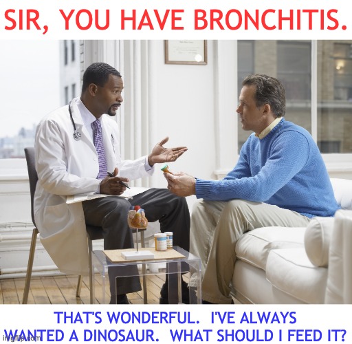 Bronchitis | SIR, YOU HAVE BRONCHITIS. THAT'S WONDERFUL.  I'VE ALWAYS WANTED A DINOSAUR.  WHAT SHOULD I FEED IT? | image tagged in doctor patient | made w/ Imgflip meme maker