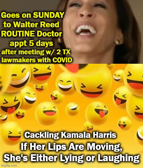 And This 'Dislikeable Democrat' Thinks We Are 'Dumb Enough To Believe It'.... | Goes on SUNDAY to Walter Reed 
ROUTINE Doctor 
appt 5 days; after meeting w/ 2 TX 
lawmakers with COVID; If Her Lips Are Moving,

She's Either Lying or Laughing; Cackling Kamala Harris | image tagged in politics,lying eyes,democrat,cackling,why lie,tell the truth | made w/ Imgflip meme maker