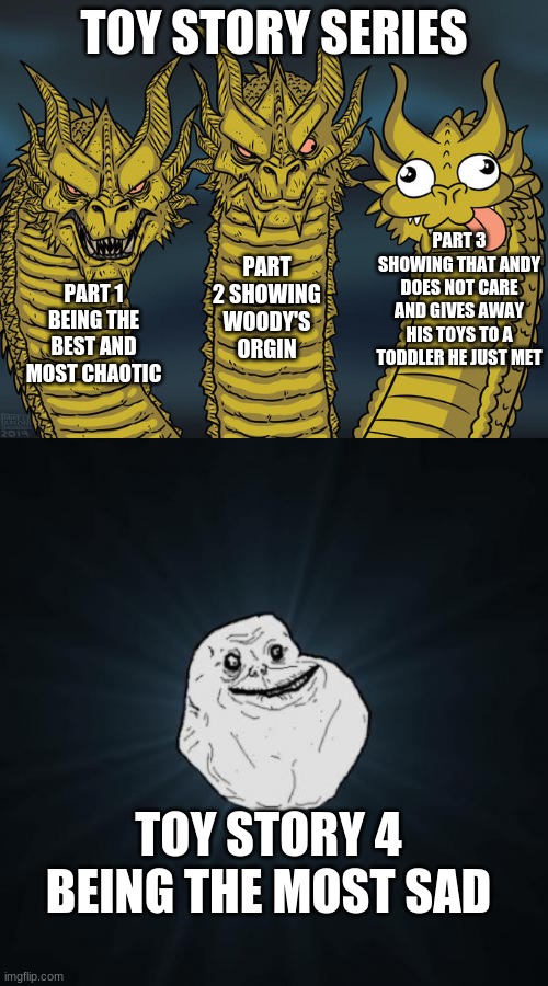 Disney's plots are getting worse and worse over time. At least some of the recent ones are good | TOY STORY SERIES; PART 3 SHOWING THAT ANDY DOES NOT CARE AND GIVES AWAY HIS TOYS TO A TODDLER HE JUST MET; PART 2 SHOWING WOODY'S ORGIN; PART 1 BEING THE BEST AND MOST CHAOTIC; TOY STORY 4 BEING THE MOST SAD | image tagged in three-headed dragon,memes,forever alone | made w/ Imgflip meme maker