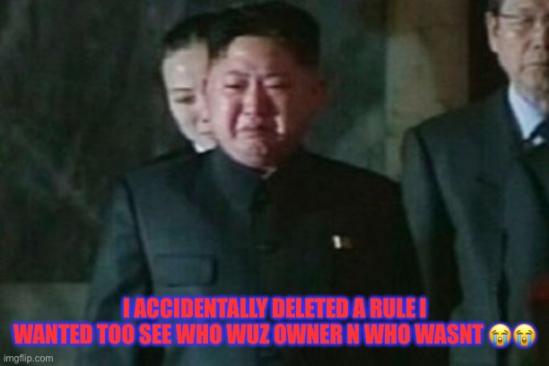 SORRY!!!!!!! | I ACCIDENTALLY DELETED A RULE I WANTED TOO SEE WHO WUZ OWNER N WHO WASNT 😭😭 | image tagged in memes,kim jong un sad | made w/ Imgflip meme maker