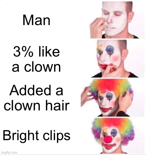 LOL | Man; 3% like a clown; Added a clown hair; Bright clips | image tagged in memes,clown applying makeup | made w/ Imgflip meme maker