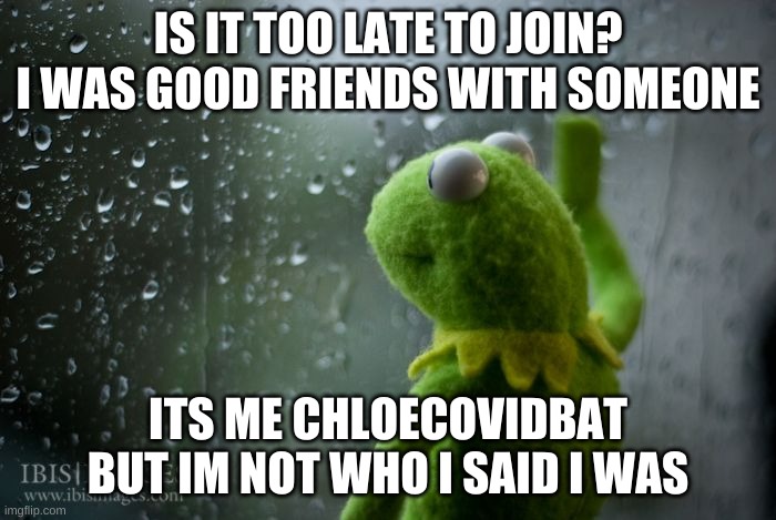 Hey guys... been a while | IS IT TOO LATE TO JOIN? I WAS GOOD FRIENDS WITH SOMEONE; ITS ME CHLOECOVIDBAT BUT IM NOT WHO I SAID I WAS | image tagged in kermit window | made w/ Imgflip meme maker