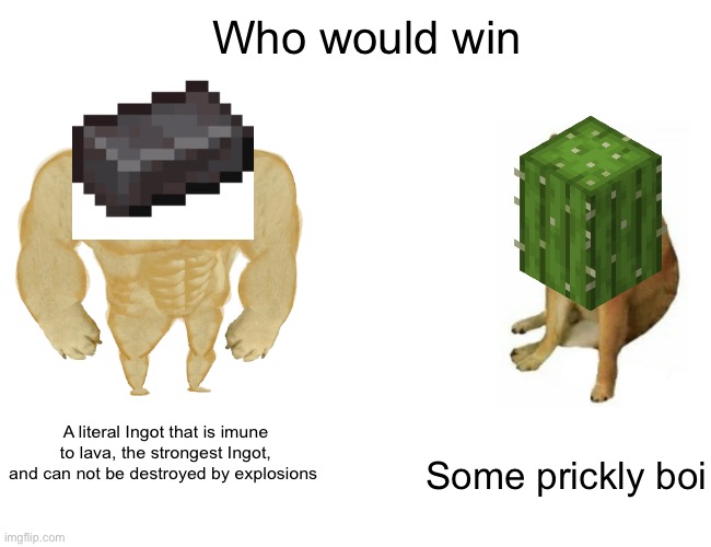 Netherite vs Cactus | Who would win; A literal Ingot that is imune to lava, the strongest Ingot, and can not be destroyed by explosions; Some prickly boi | image tagged in memes,buff doge vs cheems,netherite,cactus,minecraft,who will win | made w/ Imgflip meme maker