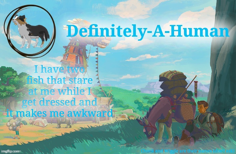 •-• | I have two fish that stare at me while I get dressed and it makes me awkward; Chonk and Wiggle are their names (don't ask) | image tagged in d-a-h zelda temp | made w/ Imgflip meme maker
