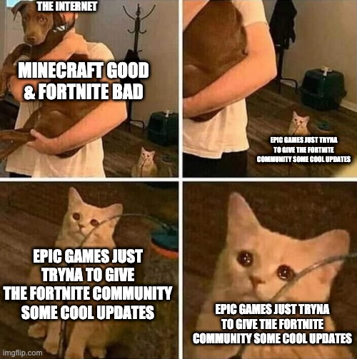 Crying cat comic | THE INTERNET; MINECRAFT GOOD & FORTNITE BAD; EPIC GAMES JUST TRYNA TO GIVE THE FORTNITE COMMUNITY SOME COOL UPDATES; EPIC GAMES JUST TRYNA TO GIVE THE FORTNITE COMMUNITY SOME COOL UPDATES; EPIC GAMES JUST TRYNA TO GIVE THE FORTNITE COMMUNITY SOME COOL UPDATES | image tagged in crying cat comic | made w/ Imgflip meme maker
