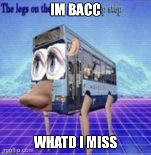 the legs on the bus go step step step | IM BACC; WHATD I MISS | image tagged in the legs on the bus go step step step | made w/ Imgflip meme maker