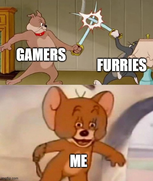 Tom and Jerry swordfight | GAMERS; FURRIES; ME | image tagged in tom and jerry swordfight,furries vs gamers | made w/ Imgflip meme maker