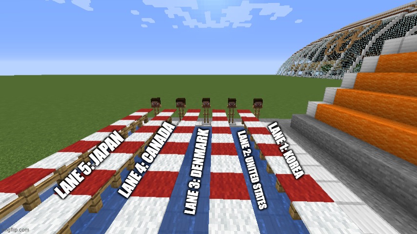 10 minutes to the Swimming event of the Minecraft Olympics, a preview of the competitors | LANE 4: CANADA; LANE 1: KOREA; LANE 5: JAPAN; LANE 2: UNITED STATES; LANE 3: DENMARK | made w/ Imgflip meme maker