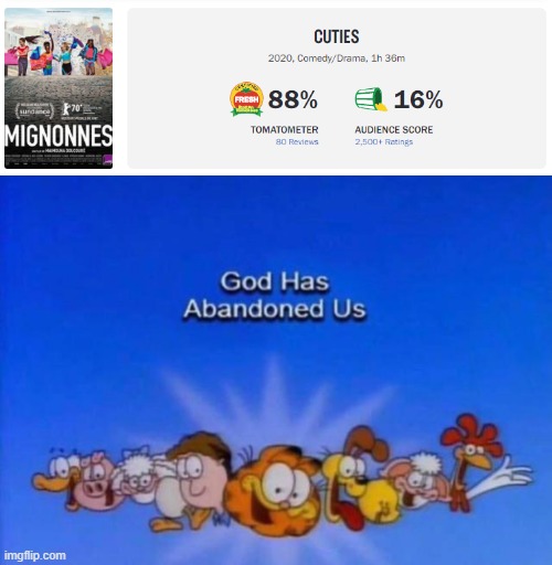 welp... | image tagged in garfield god has abandoned us,cuties,rotten tomatoes,netflix,critics,memes | made w/ Imgflip meme maker