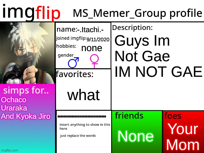 MSMG Profile | -.Itachi.-; Guys Im Not Gae IM NOT GAE; 9/11/2020; none; what; Ochaco Uraraka
And Kyoka Jiro; eeeeeeeeeeeeeeeeeeeeeeeeeeeeeee; Your Mom; None | image tagged in msmg profile | made w/ Imgflip meme maker