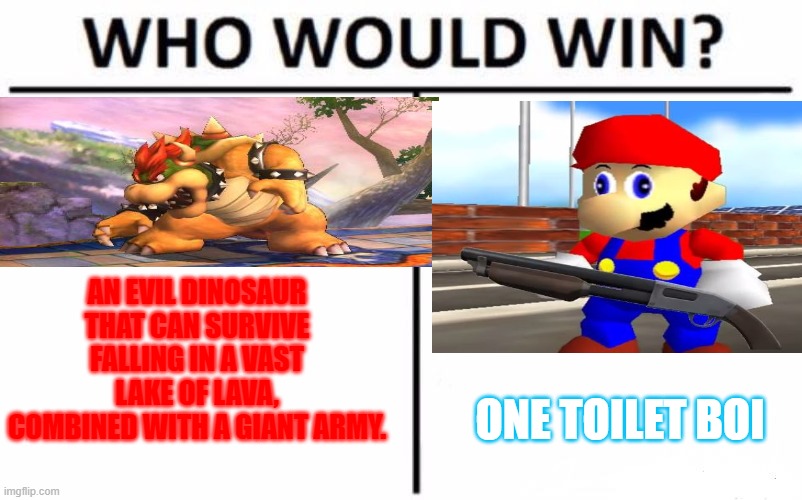 Who Would Win? | AN EVIL DINOSAUR THAT CAN SURVIVE FALLING IN A VAST LAKE OF LAVA, COMBINED WITH A GIANT ARMY. ONE TOILET BOI | image tagged in memes,who would win | made w/ Imgflip meme maker