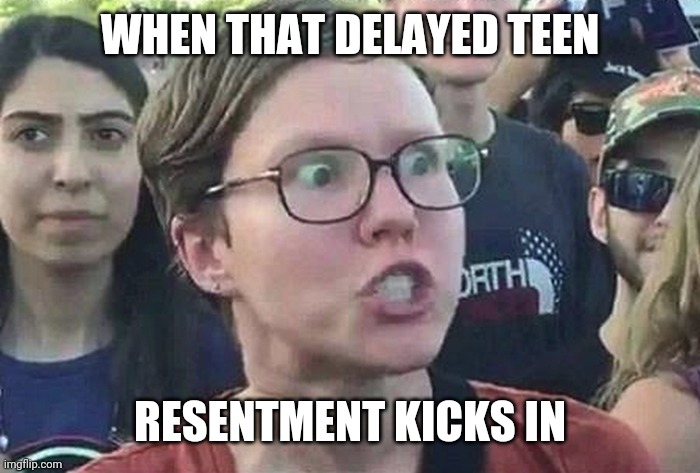 Triggered Liberal | WHEN THAT DELAYED TEEN; RESENTMENT KICKS IN | image tagged in triggered liberal | made w/ Imgflip meme maker