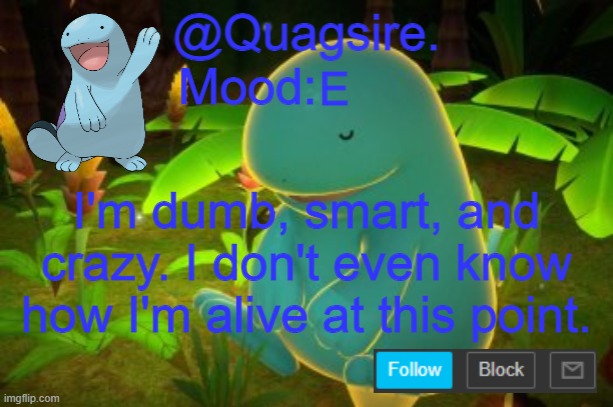 E; I'm dumb, smart, and crazy. I don't even know how I'm alive at this point. | image tagged in quagsire announcement template | made w/ Imgflip meme maker
