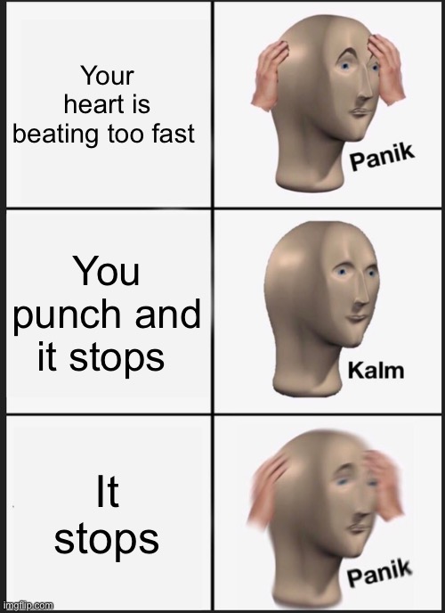 Panik Kalm Panik Meme | Your heart is beating too fast You punch and it stops It stops | image tagged in memes,panik kalm panik | made w/ Imgflip meme maker