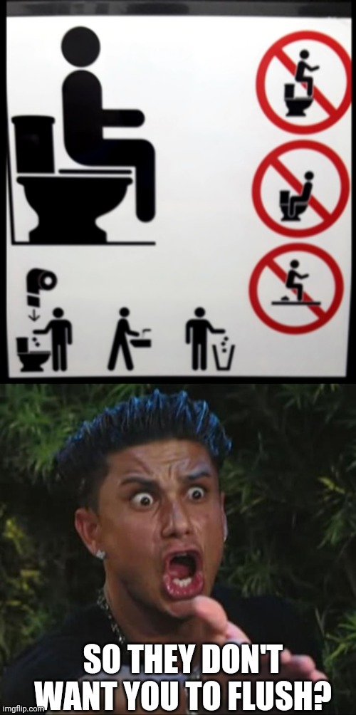POO, WASH HANDS AND THEY'RE AWAY SOME TRASH | SO THEY DON'T WANT YOU TO FLUSH? | image tagged in memes,dj pauly d,stupid signs,fail,toilet | made w/ Imgflip meme maker